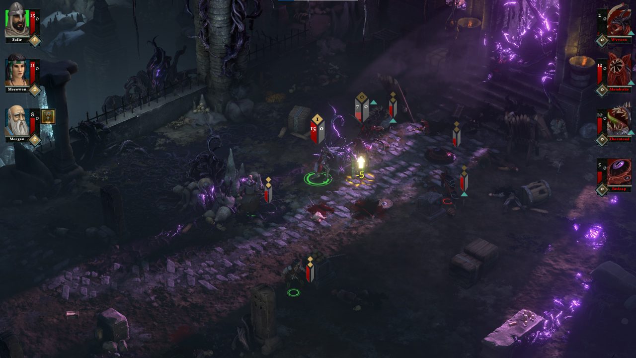 A top-down view of a dangerous dungeon in The Hand of Merlin.