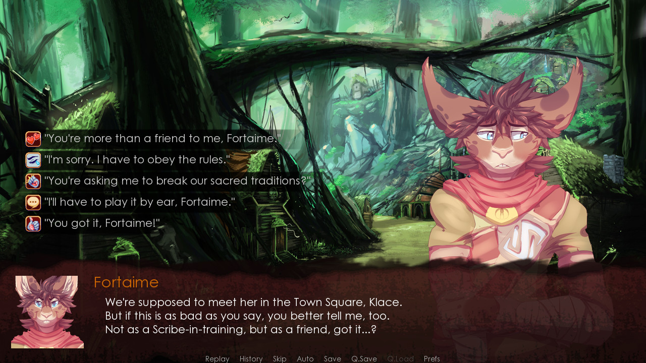 Fortaime reminds Glace that they're supposed to meet her in the Town Square, leading to five possible dialogue responses, in Winds of Change.