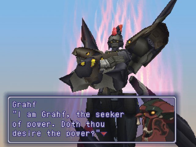 Xenogears Screenshot of Grahf and Alpha Weltall. Grahf asks, "Doth thou desire the power?"