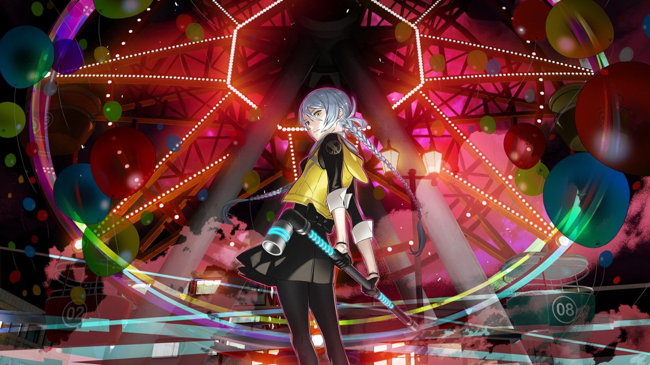 AI: The Somnium Files – nirvanA Initiative featured image of a silver-haired girl holding a metal L-shaped pipe in front of a bright ferris wheel at night.