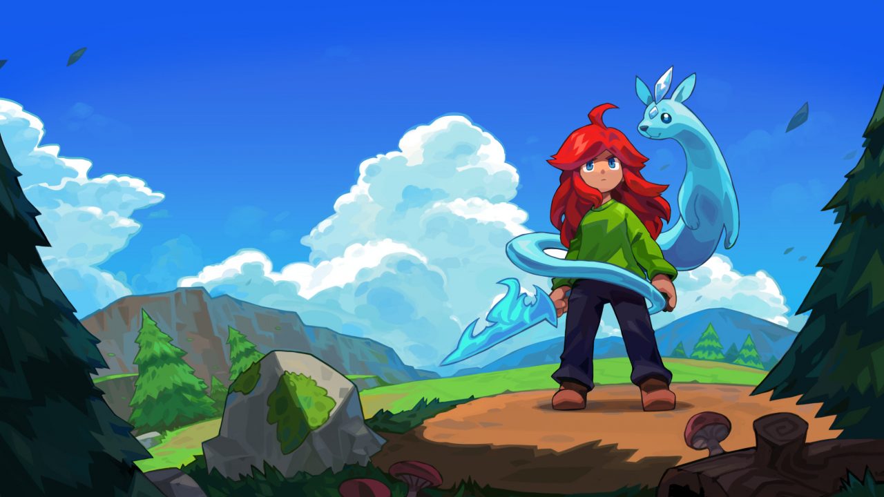 Artwork of the main character as they overlook grassy lands and blue skies in Arietta of Spirits