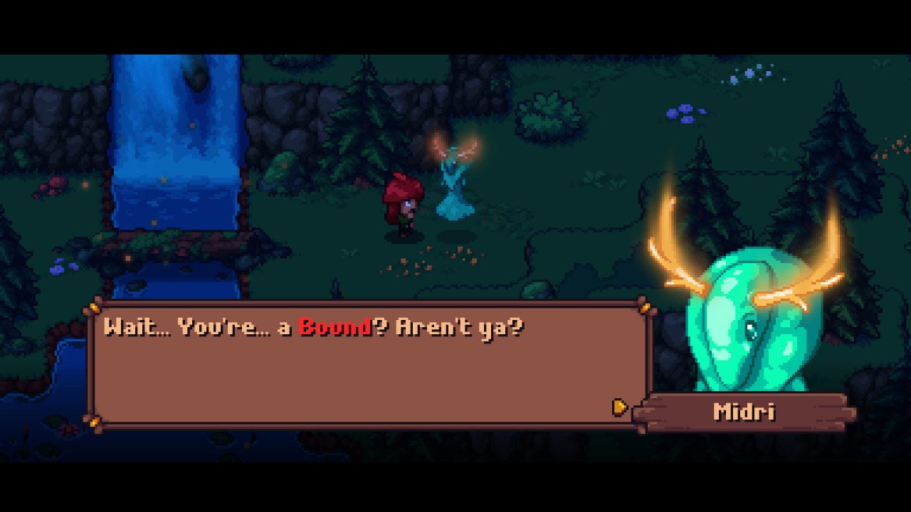 Arietta of Spirits screenshot of Arietta speaking to a horned creature named Midri. Midri's text box reads, "Wait... You're... a Bound? Aren't ya?"