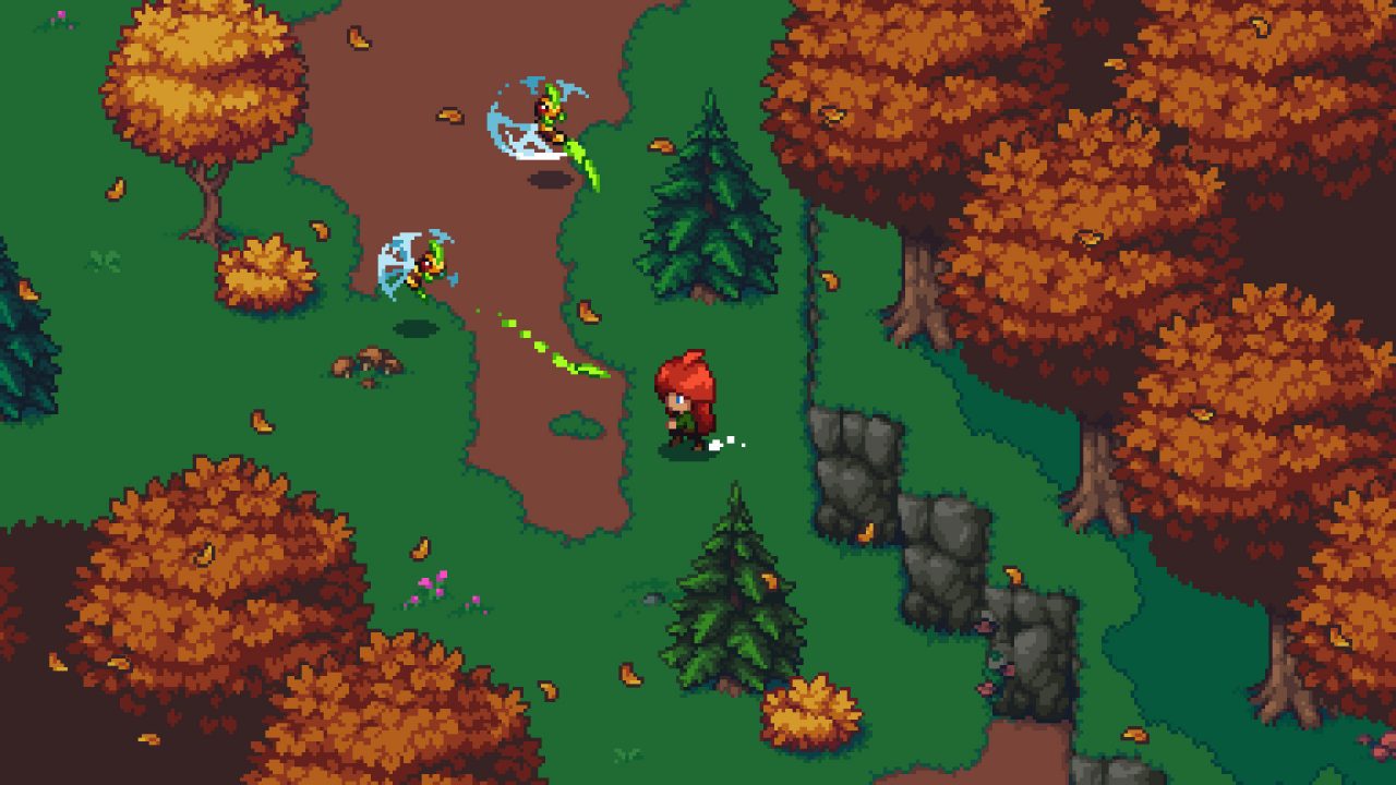 Arietta of Spirits screenshot of Arietta encountering two giant needle-shooting wasps.