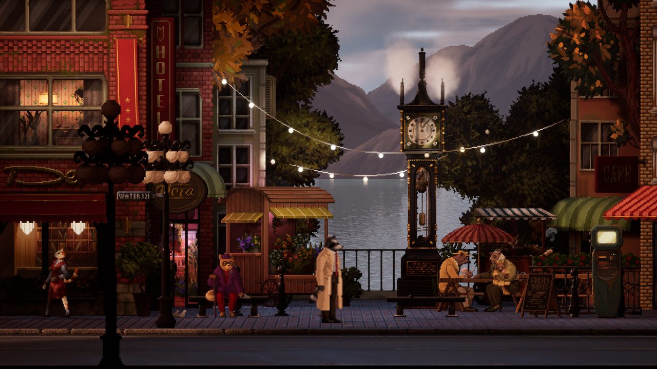 Tails Noir screenshot of the steam clock in Gastown as the protagonist walks along the street.