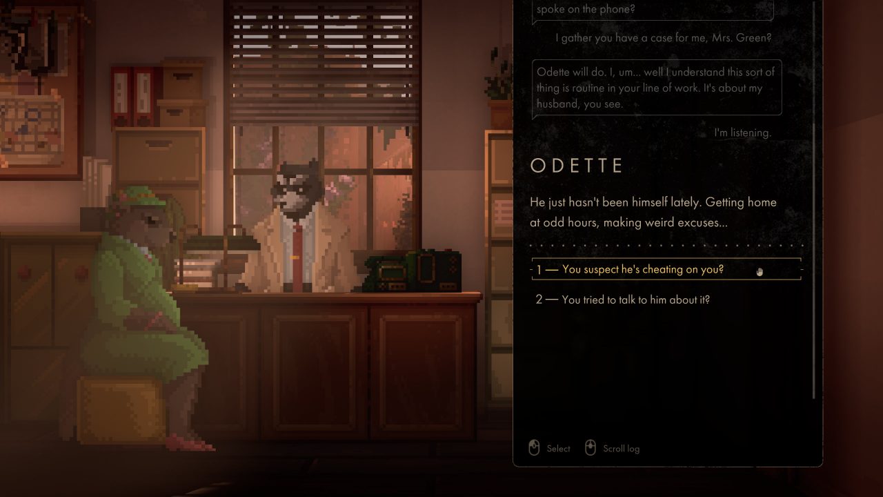 Tails Noir screenshot of Howard speaking to his new client, Odette, in his office with dialogue responses to her saying her husband "hasn't been himself lately".