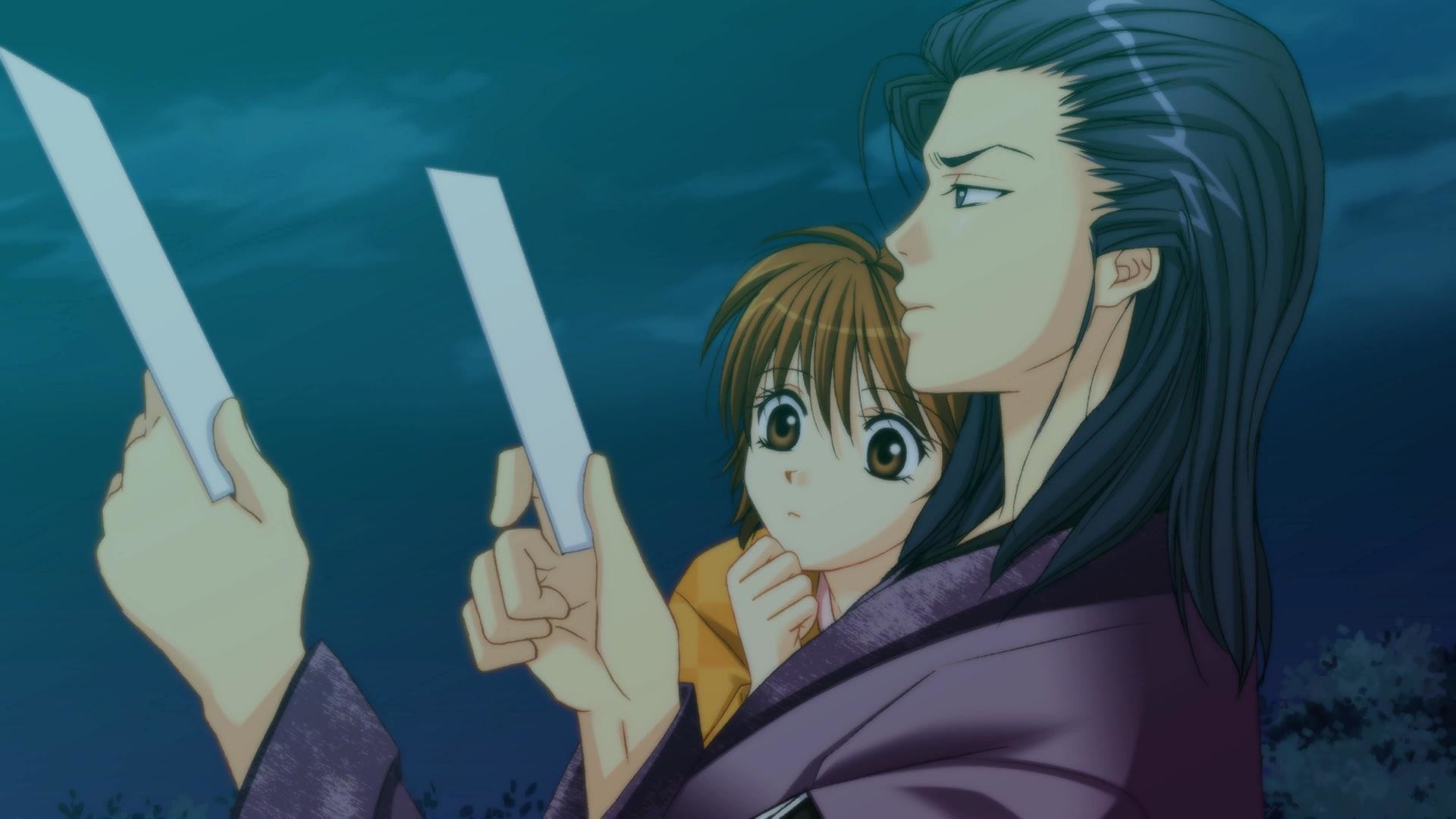 The brown haired heroine of Bakumatsu Renka SHINSENGUMI makes an OwO face, which means she is intrigued by the cards of white paper the blue haired male is holding up. They are both dressed in yukatas.