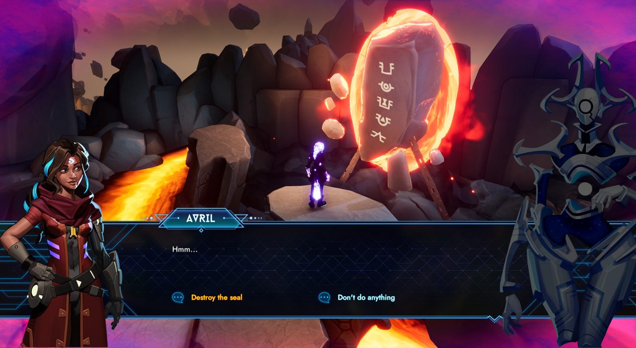 A decision-making screenshot from Batora: Lost Haven. Avril stands before an ancient seal and wonders whether to undo it.