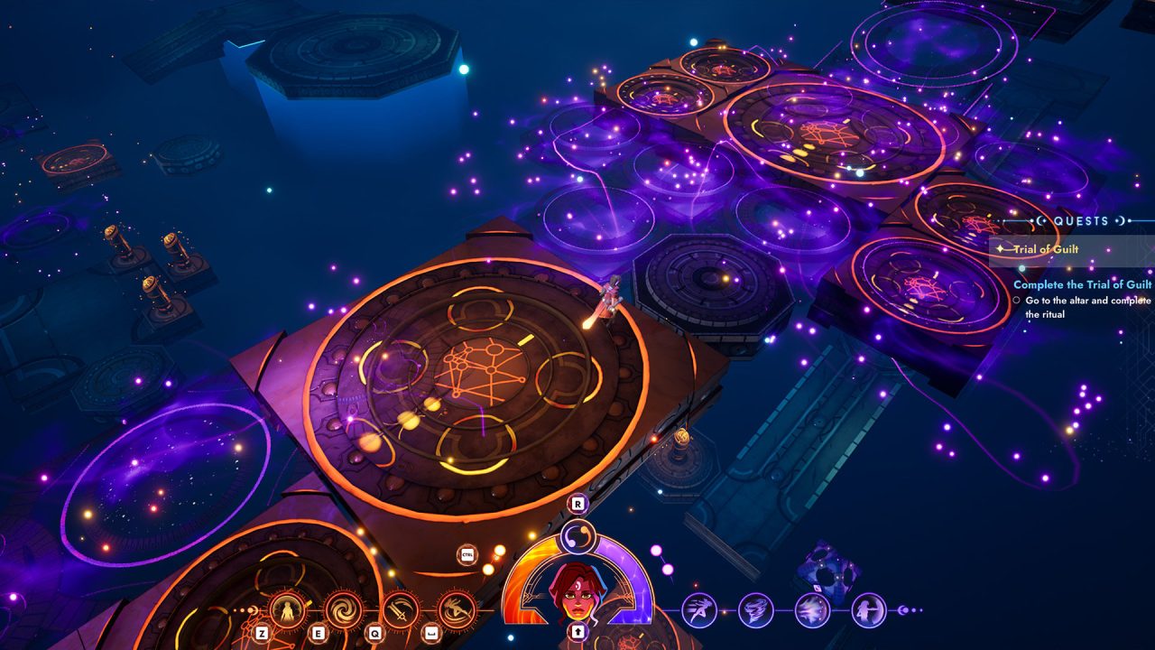 A puzzle screenshot from Batora: Lost Haven. Otherworldly runes are inscribed into the ground in a mystical ruin.
