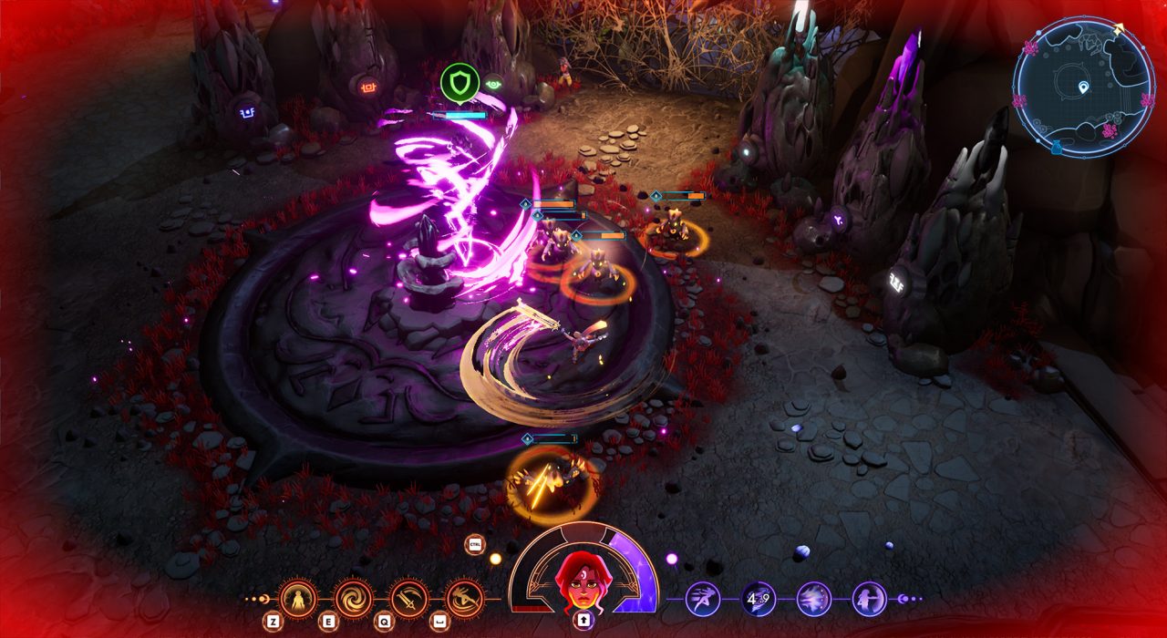 A battle screenshot from Batora: Lost Haven with swirling purple light on a town square battlefield.