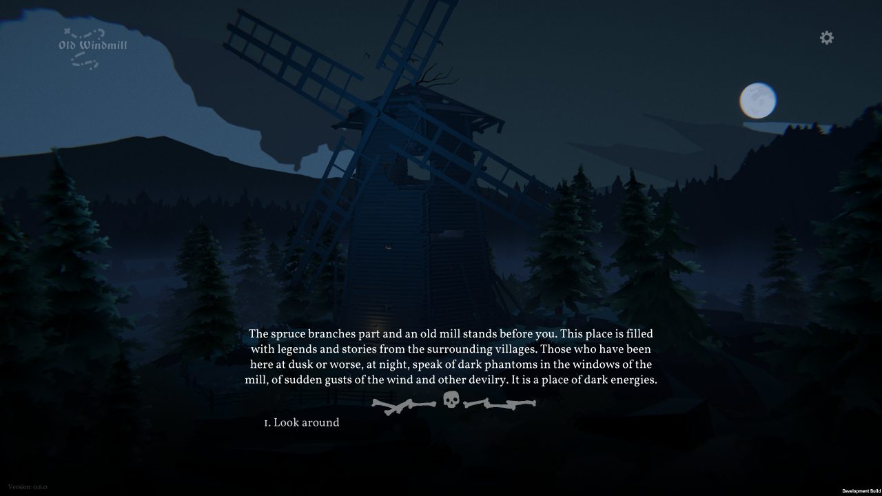 A dark screenshot from Black Book of a windmill against the night sky, with text over the top