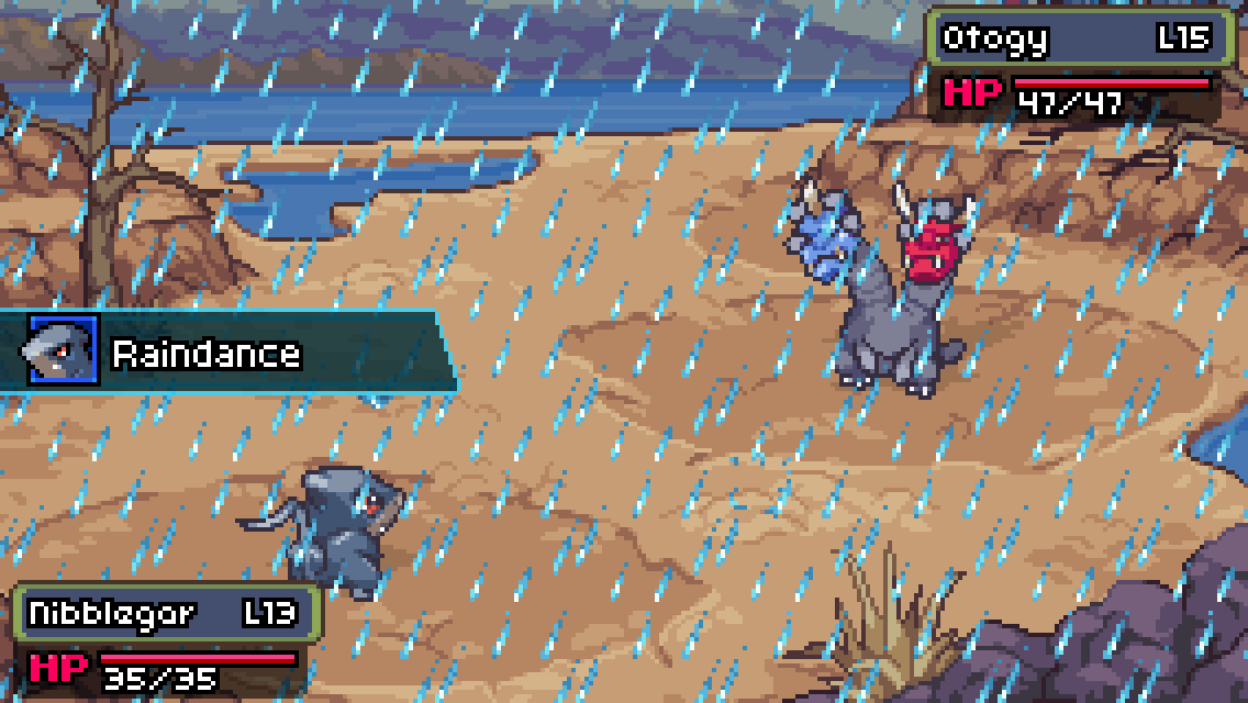 Battling in the rain in Coromon.