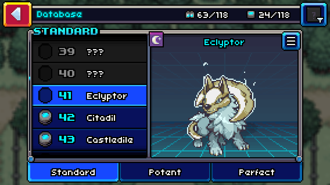 Coromon come in three separate rarity types, illustrating their growth potential, with a menu entry for each.
