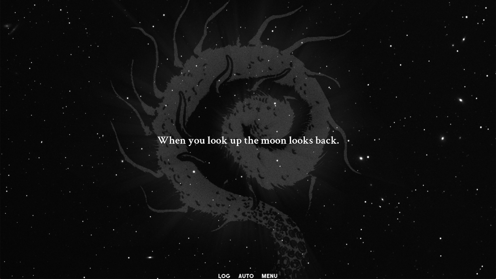 Haunting text on a black, starry background in Cross the Moon.