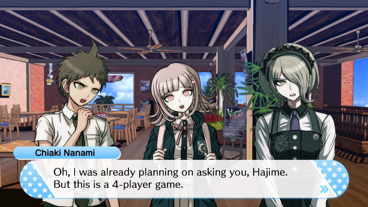 An interaction in Danganronpa S: Ultimate Summer Camp, featuring Hajime Hinata, Chiaki Nanami, and Kirumi Tojo.