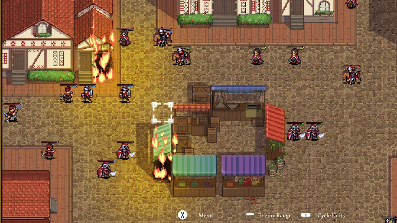 A battlefield in Dark Deity featuring buildings and tiles that are on fire.