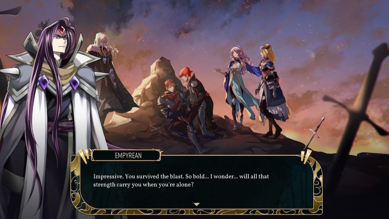 A visual novel still featuring Empyrean in Dark Deity.