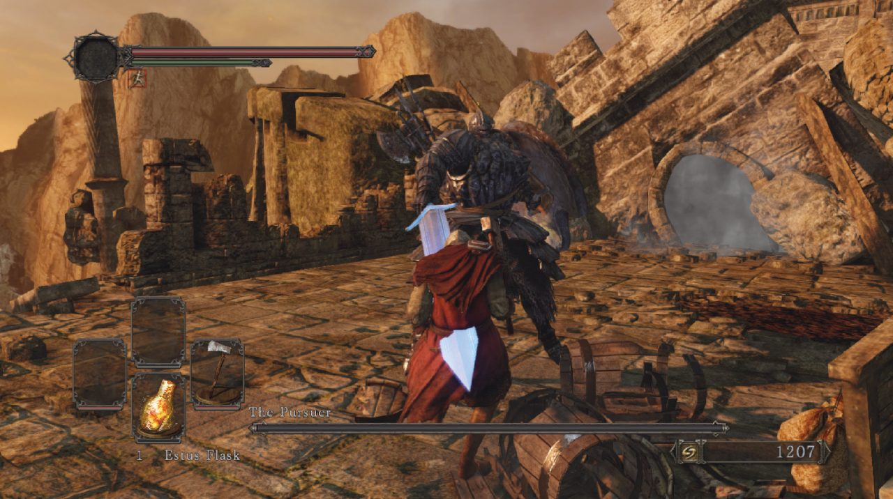 Dark Souls II screenshot of a knight being stabbed by a much larger knight named The Pursuer in the ruins of a castle.