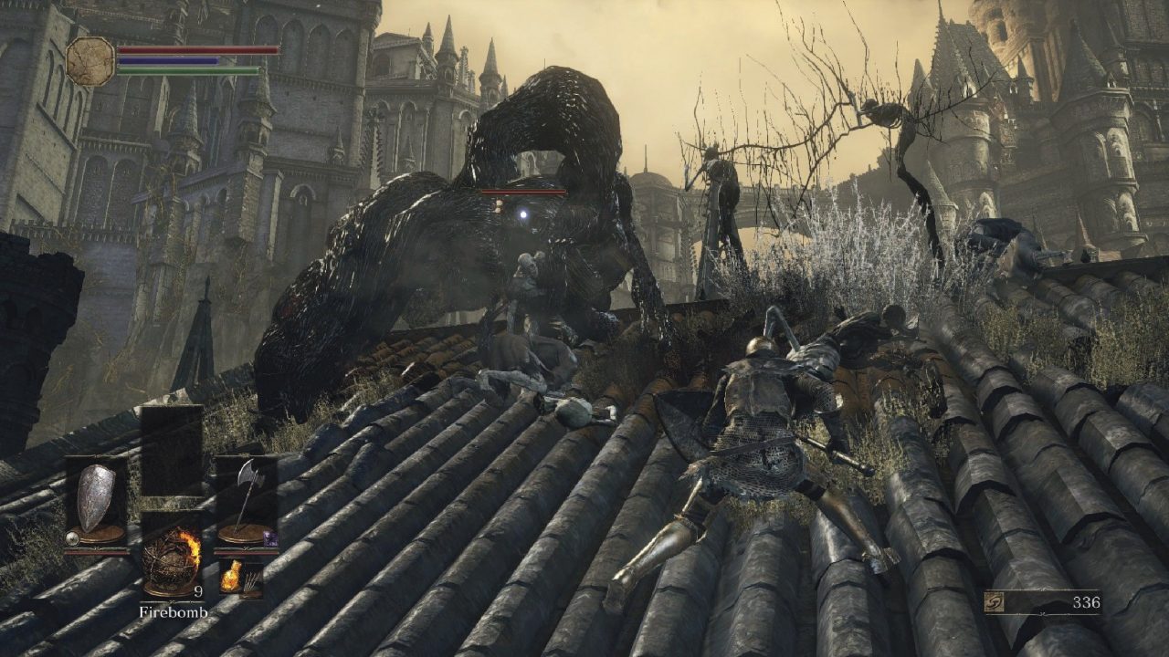 Dark Souls III screenshot of a knight battling a corpse-like humanoid surrounded by writhing black flesh on a gothic rooftop.