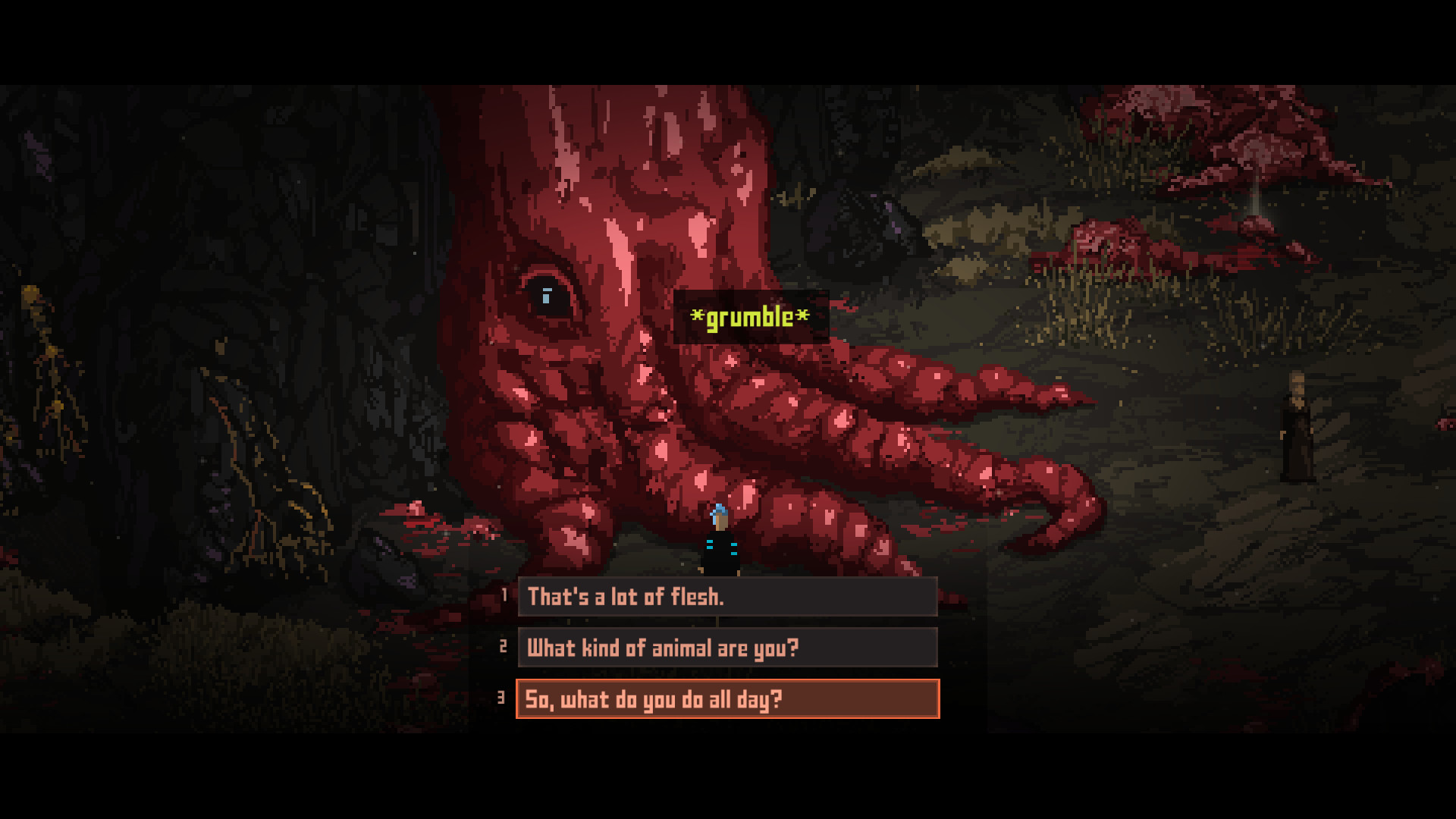 A grotesque looking red creature that looks like the base of a tree in Death Trash