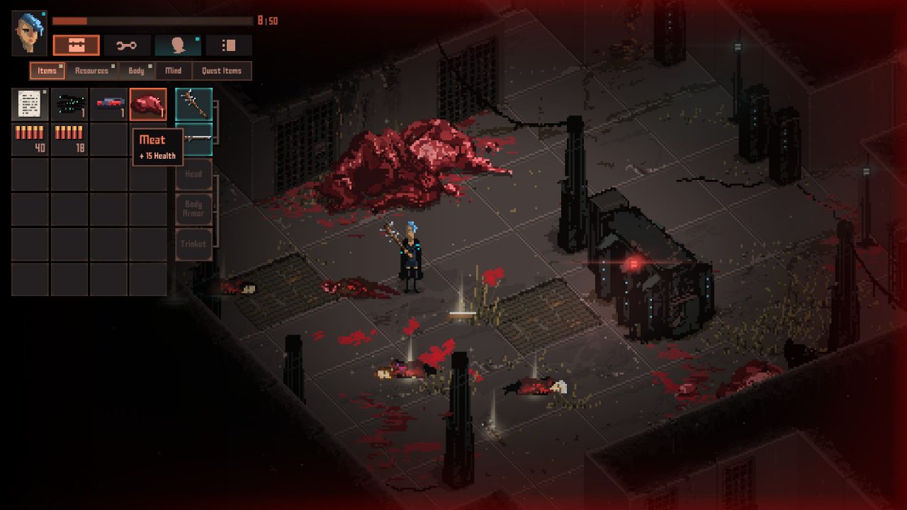 The player's character stands in a room of dead people and meat in Death Trash.