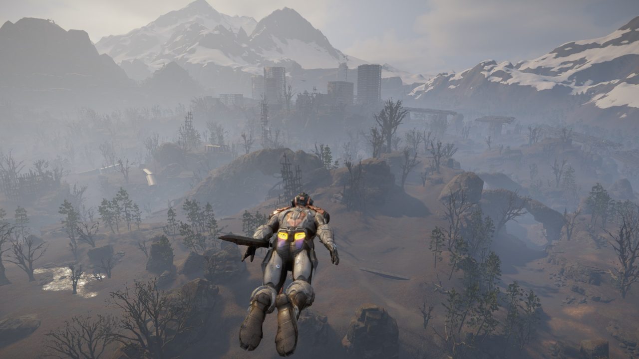 An armored man glies through the sky in ELEX II