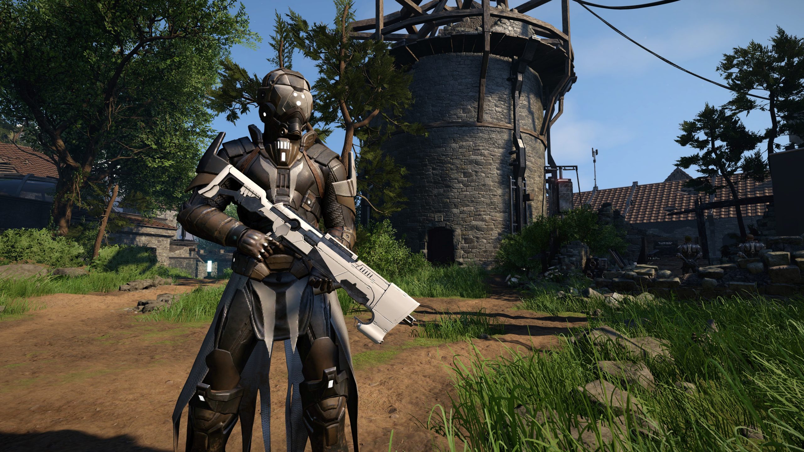 An armored man holds a gun and stands on guard in ELEX II.