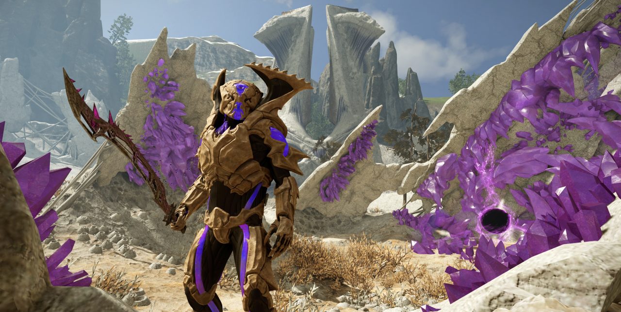 An armored man with a blade walks through a crystaline purple area in ELEX II