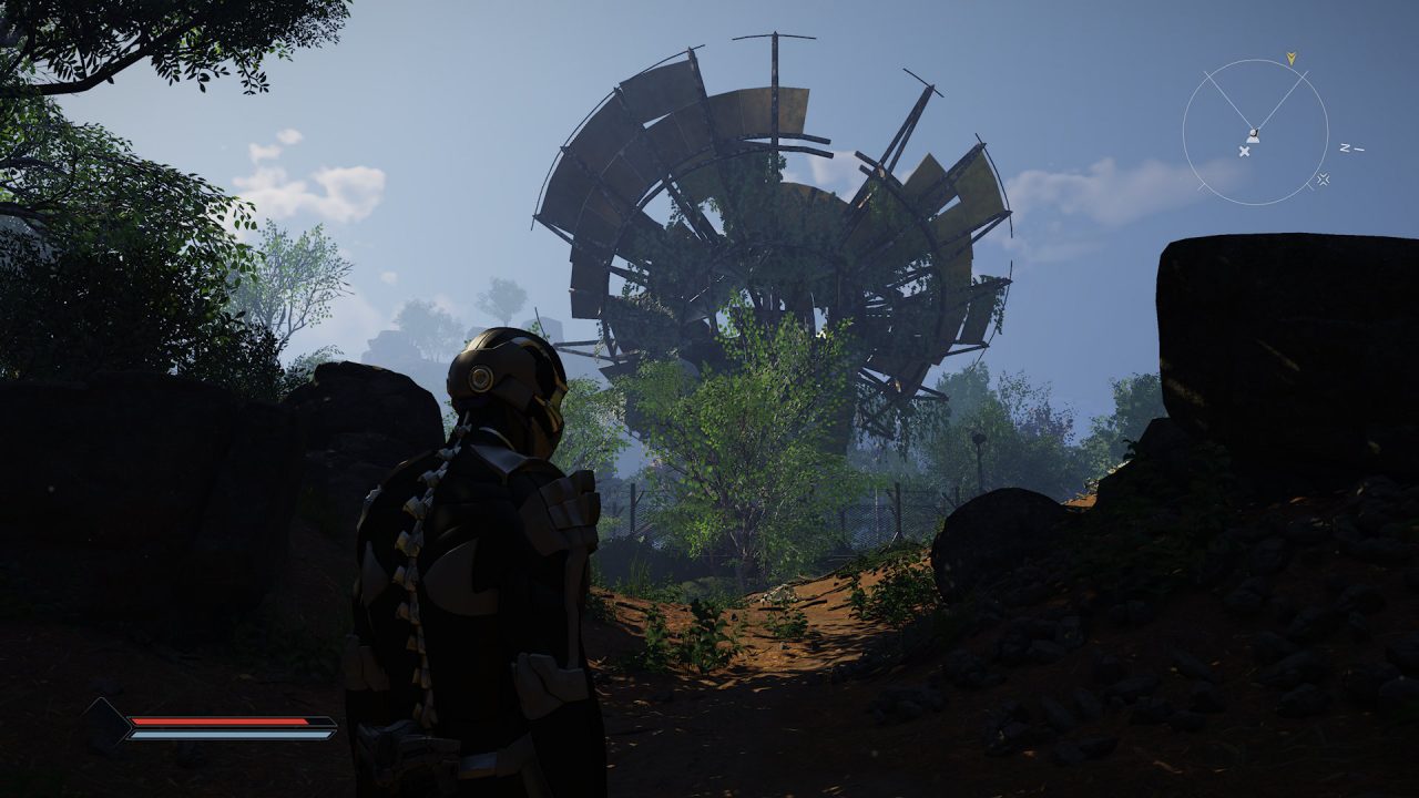 A character stands with a worn down satellite in the distance in ELEX II.