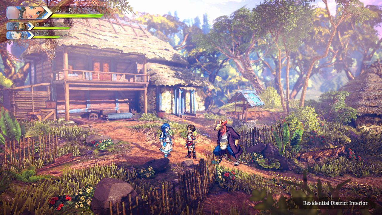 A screenshot from Eiyuden Chronicle Rising with three characters talking in a town