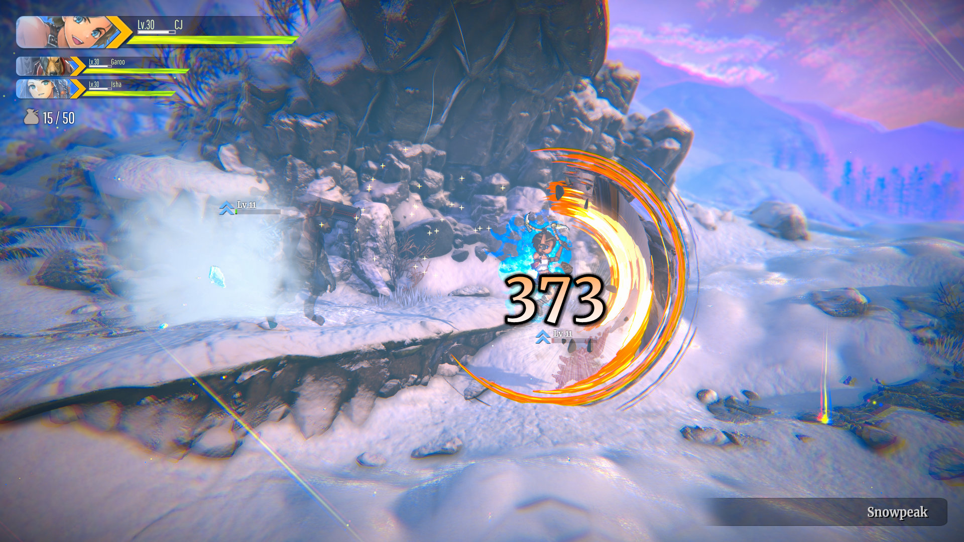 Eiyuden Chronicle: Rising Screenshot of a character leaping into a monster with a spinning attach from two blade-like weapons in a snowy mountain setting