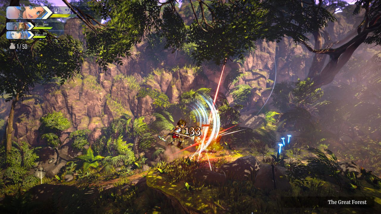 A screenshot from Eiyuden Chronicle: Rising of CJ fighting monsters in a forest.
