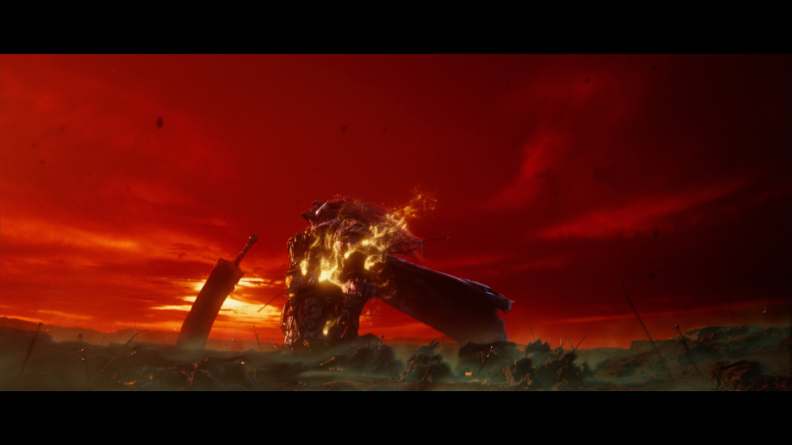 An armoured figure kneels before a large sword behind a raw red sky of crimson, yellow clouds peppered through it in Elden Ring.