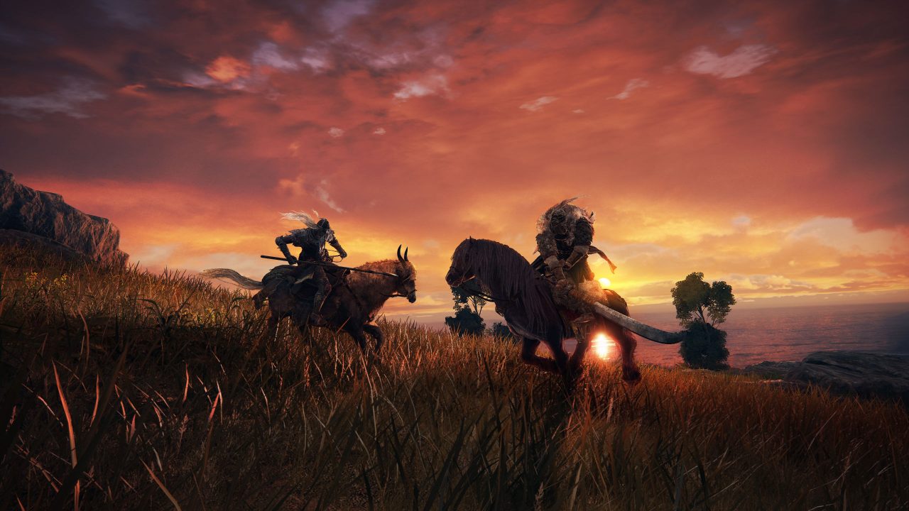 Screenshot of sunset upon a fantasy land in Elden Ring, where two warriors ride horses and hold weapons.