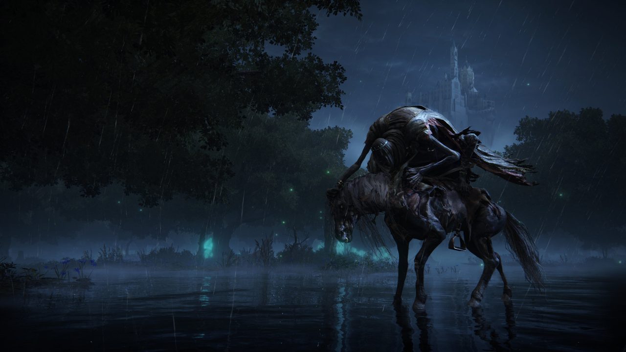 A screenshot of Elden Ring showcasing a lake dappled in darkness, a figure walking across in wearing a soiled sackcloth.
