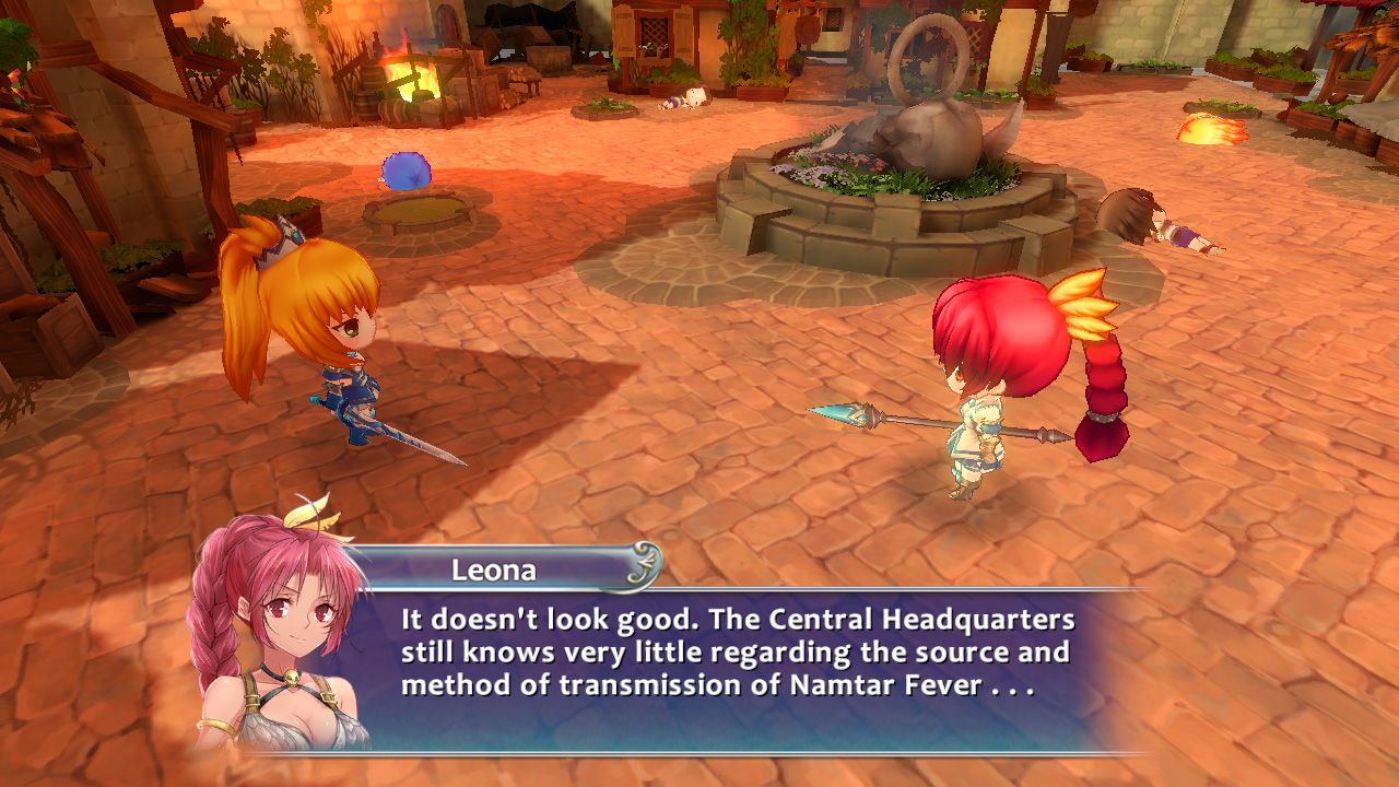 Two main characters in chibi graphics converse in a town in Empire of Angels IV. The one on the left has blond hair and is holding a sword. The one on the right has red hair and brandishes a spear.