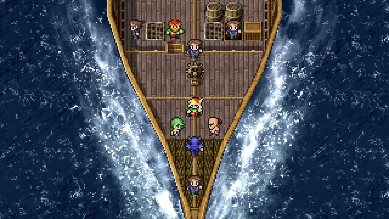 The party crossing the sea by boat in Final Fantasy IV Pixel Remaster.