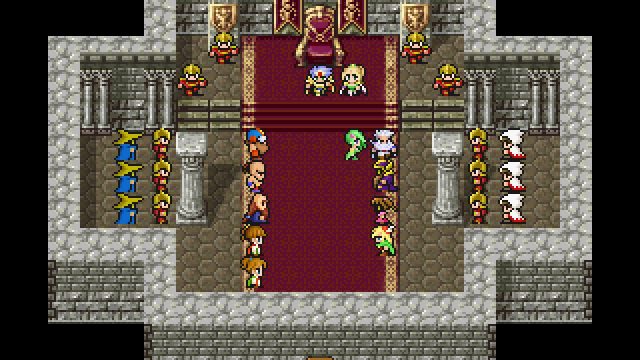 Screenshot of Final Fantasy IV Pixel Remaster, with Rydia approaching Edge in Baron castle while Cecil and Rosa look on.