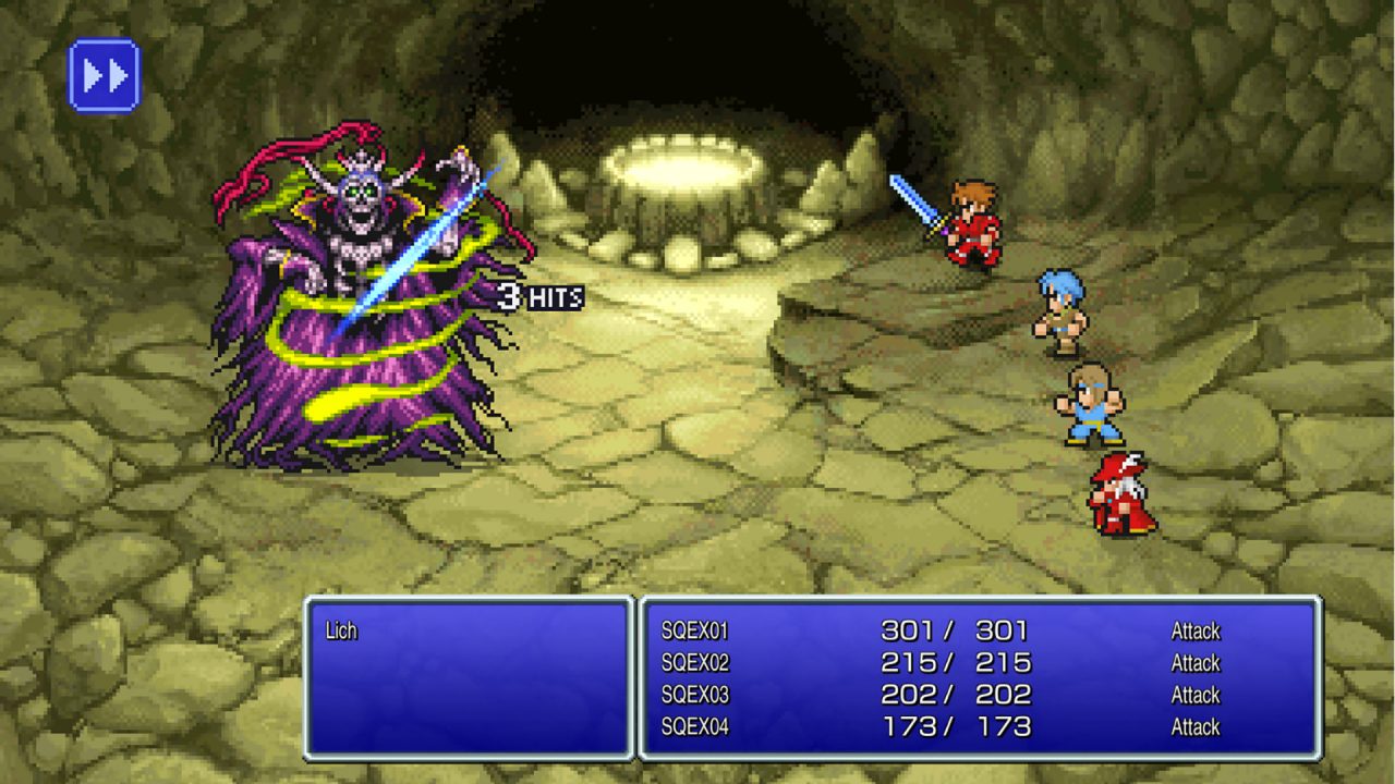 Screenshot From Final Fantasy (Pixel Remaster) featuring the party fighting a Lich