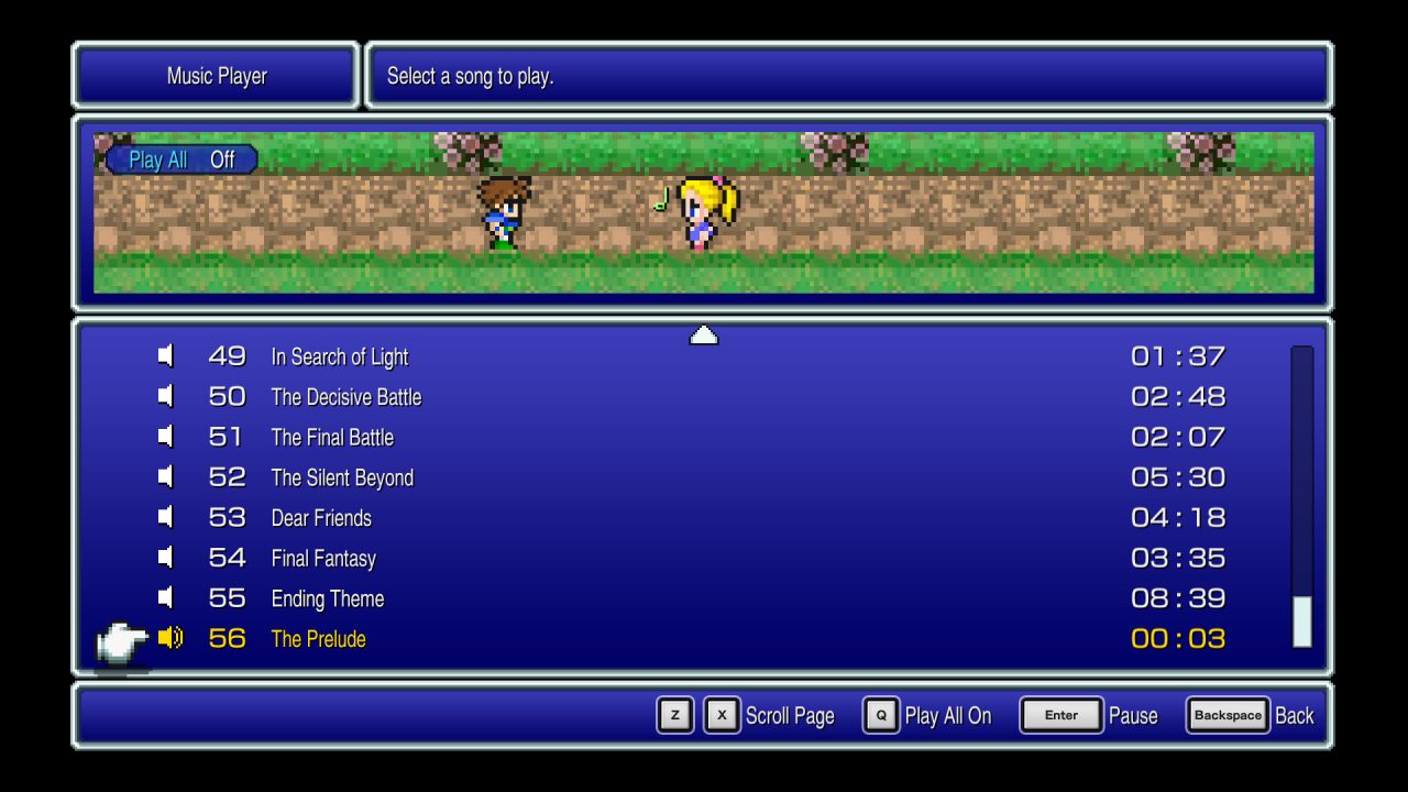 The Music Player on the Final Fantasy V Pixel remaster Menu. Krile is walking across the top of the screen as some music plays.