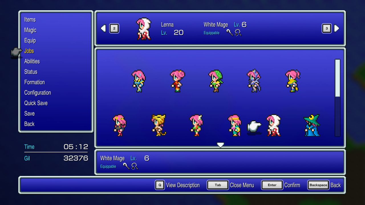 The job select screen in Final Fantasy V Pixel Remaster showing Lenna as a White Mage.