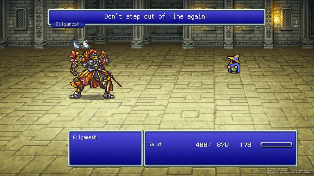 Screenshot from Final Fantasy V Pixel Remaster featuring Galuf facing off against Gilgamesh. 
