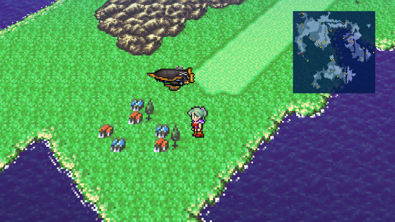 Final Fantasy VI Pixel Remaster Screenshot of Terra standing near a coastal town on a map next to an airship.