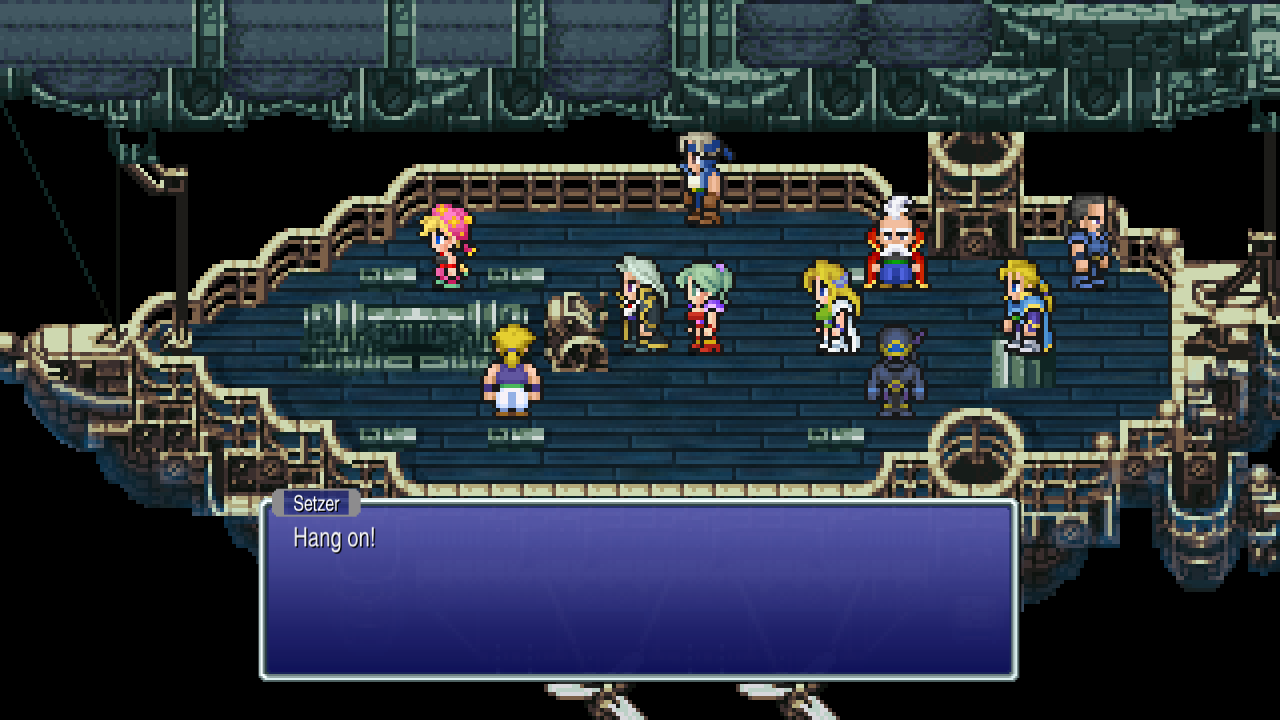 The Returners stand on the deck of Setzers Airship, The Blackjack, in Final Fantasy VI Pixel Remaster.