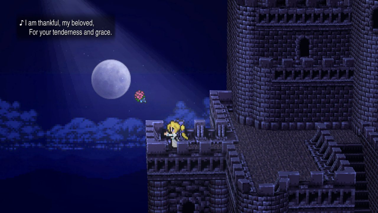 Final Fantasy VI Pixel Remaster Opera Screenshot with Celes on a castle rooftop