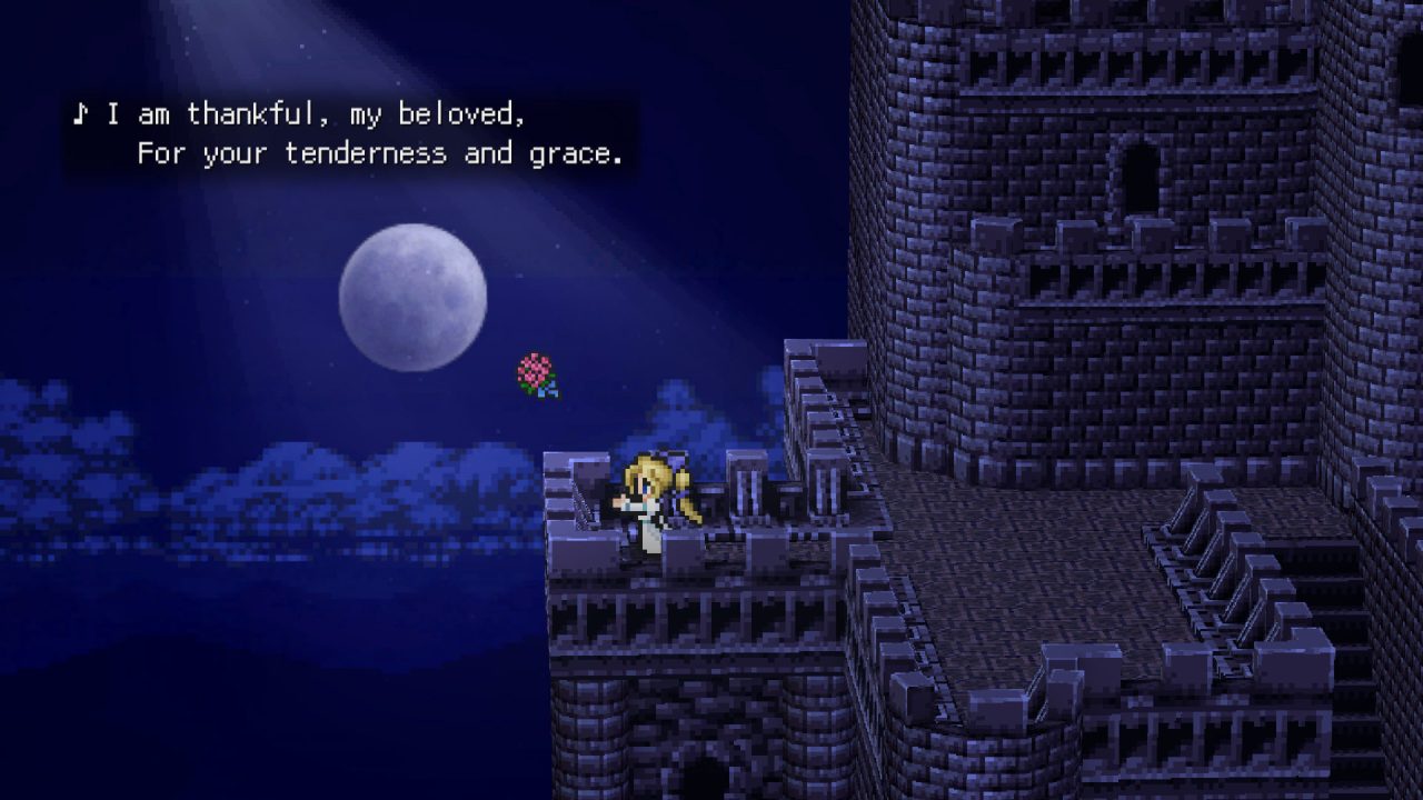 Final Fantasy VI Pixel Remaster screenshot of Celes at the opera house tossing a bouquet into the air during a song