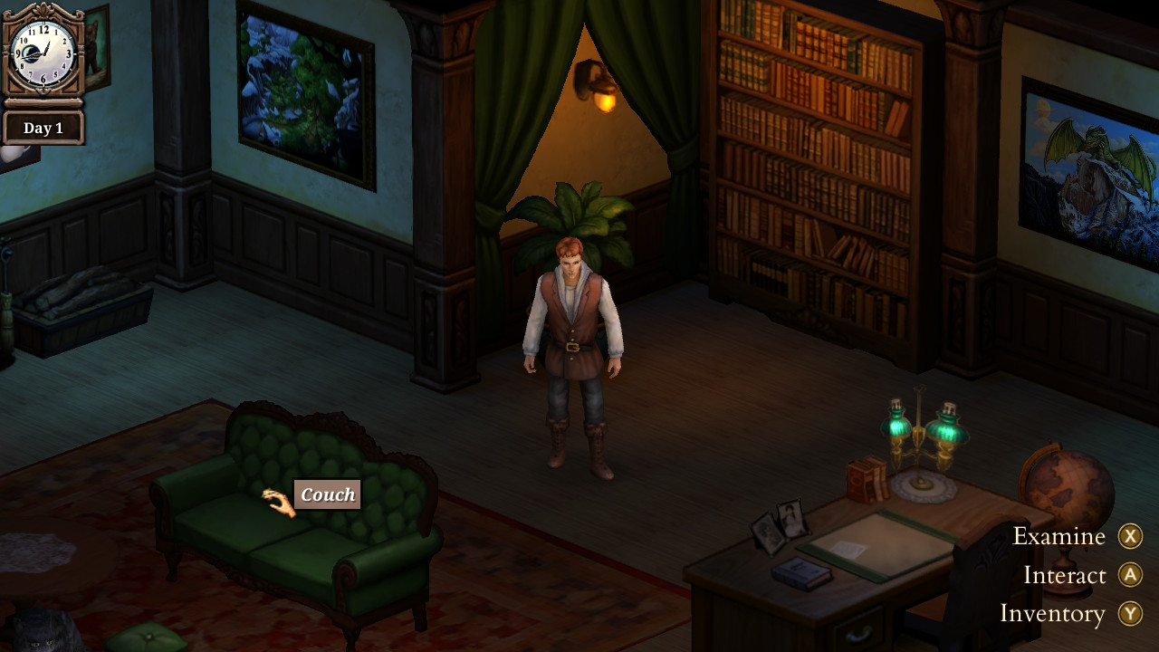 Shaun investigating the library in Hero-U: Rogue to Redemption.