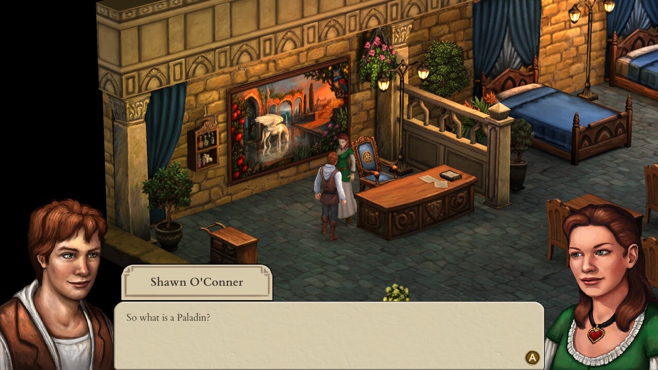 Image from the Infirmary in Hero-U: Rogue to Redemption with Shaun asking "So what is a paladin?"