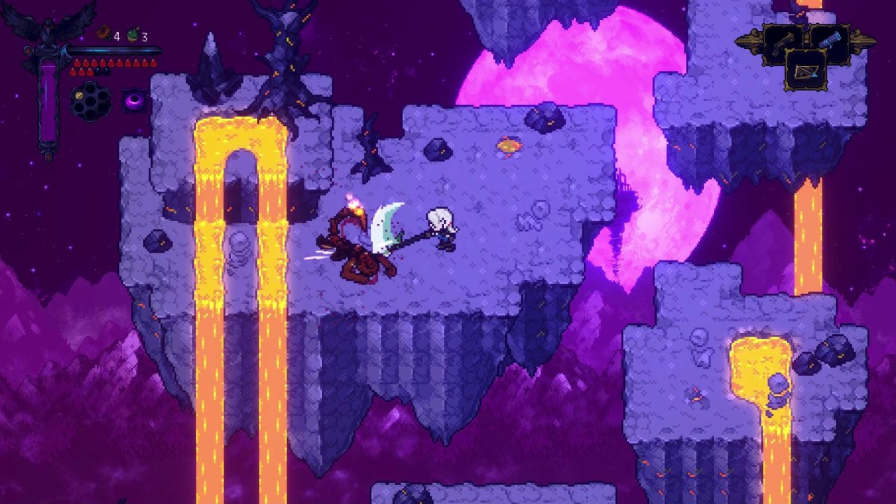 Vesper attacks a scorpion foe near a lava waterfall and a giant moonlit backdrop in Hunt the Night.