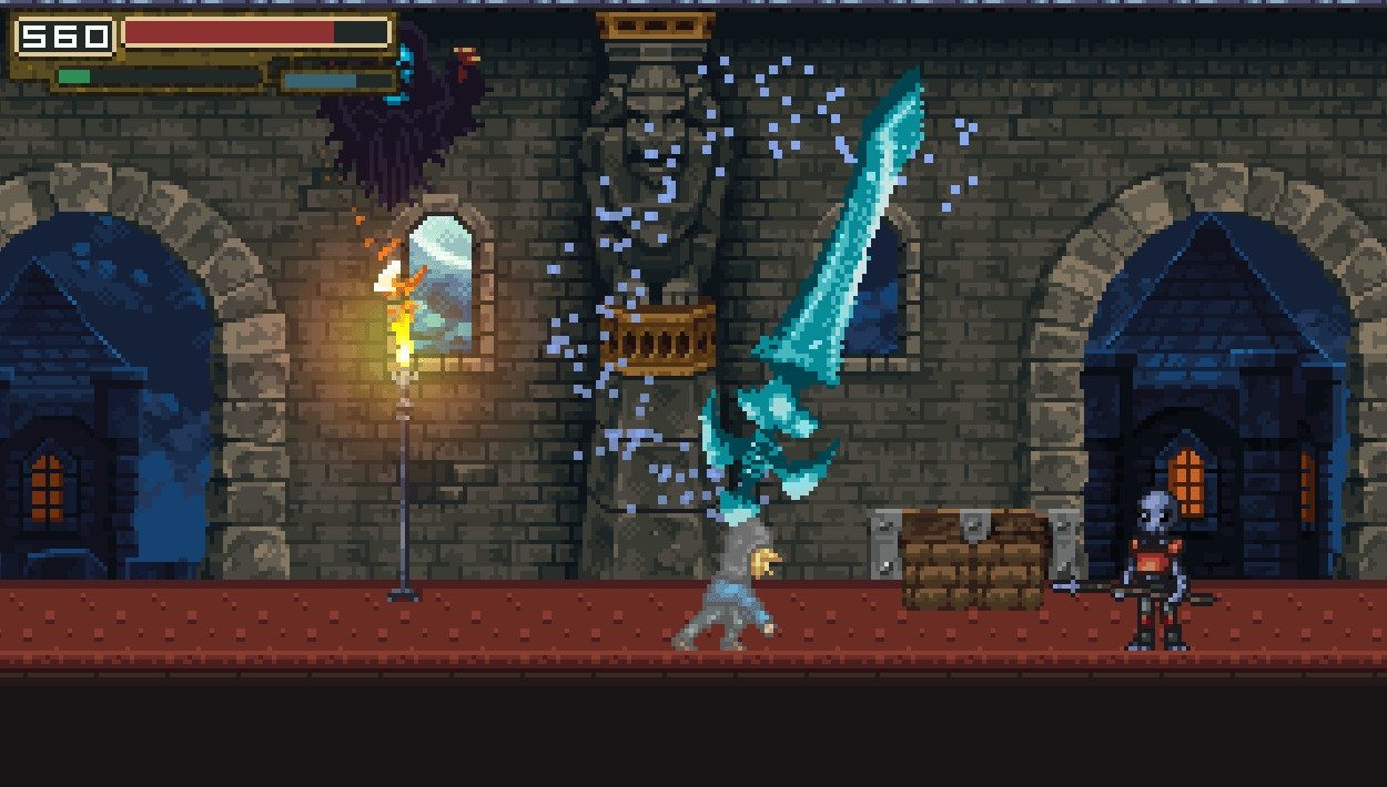 A hooded character wielding an enormous blue blade against an unsuspecting... alien? In Inexistence Rebirth.
