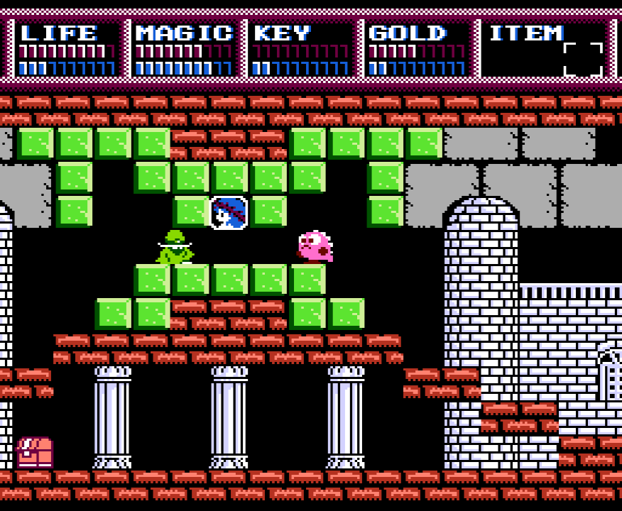 Legacy of the Wizard Screenshot of the family's pet dragon Pochi in an underground city with a portrait of a princess engraved in the wall.